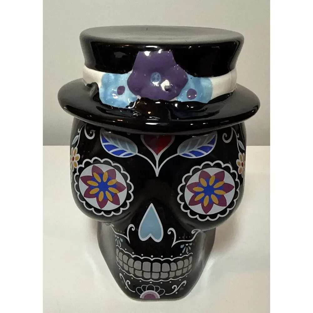 Dia De Los Muertos Sugar Skull Ceramic Canister Jar w/ Lid Top Hat Unused